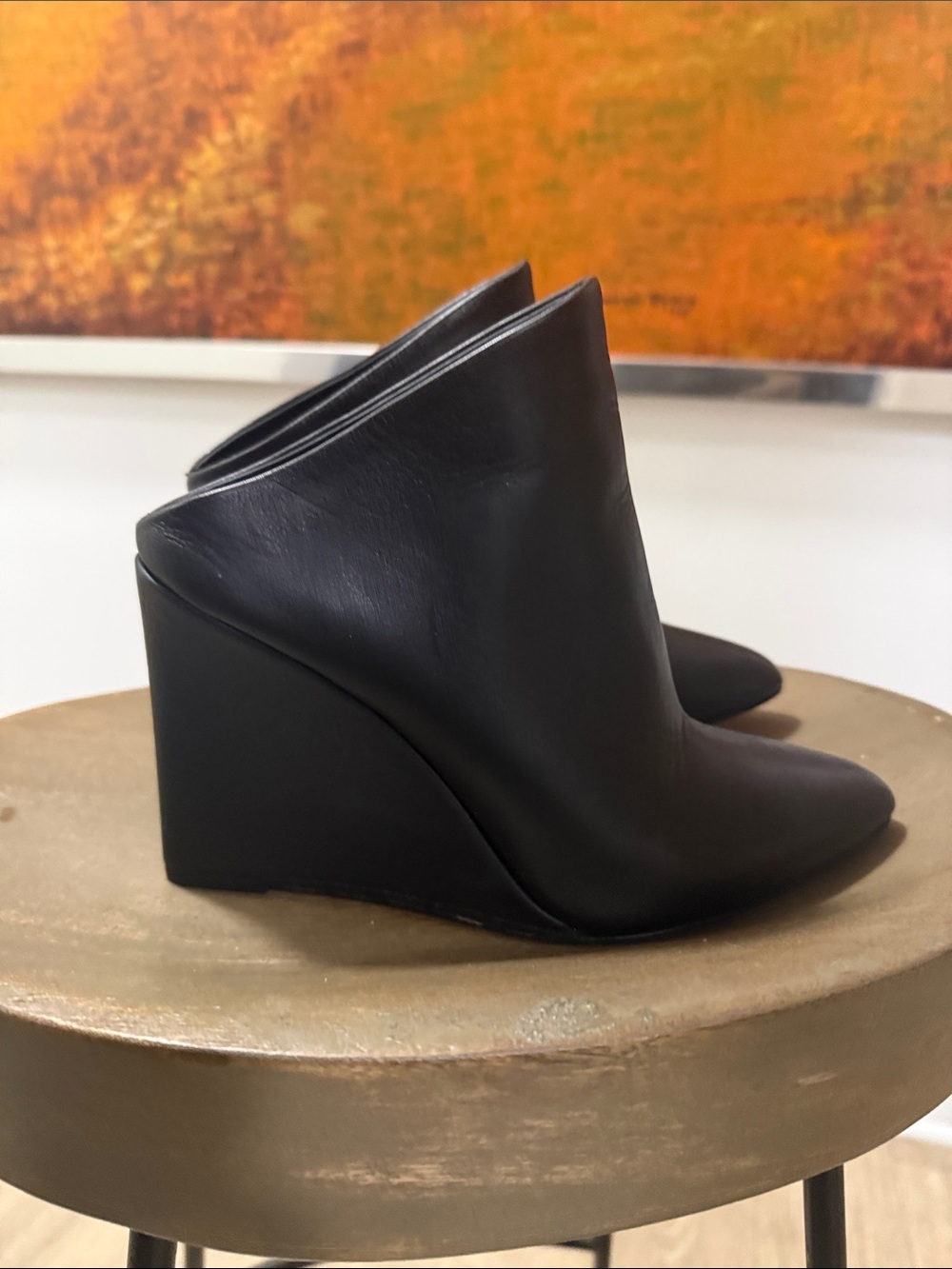 Vince Black Leather Wedge Mules